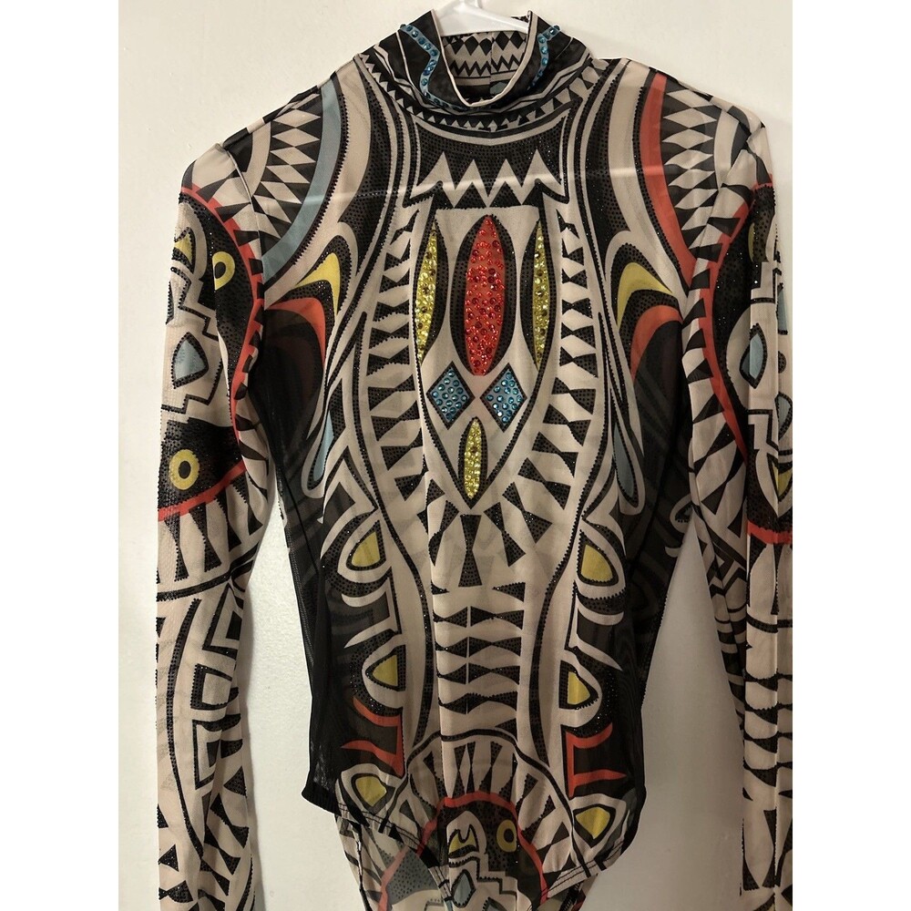 Kikiriki Retro Y2k Bold Tribal Pattern Long Sleeve Side Mesh Bodysuit Sz Medium